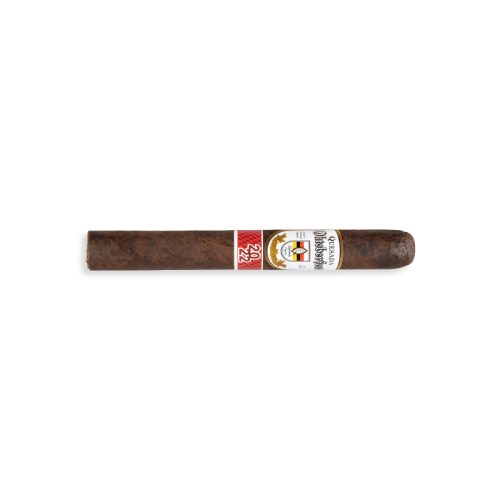 A single brown cigar with a decorative white and gold band on a white background.