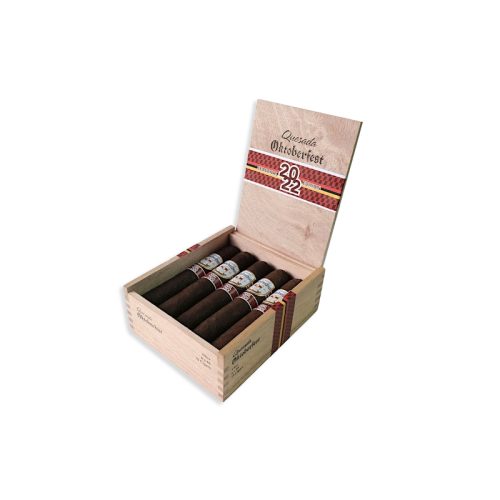 Open wooden cigar box with six cigars arranged inside; lid reads Oktoberfest 2022.
