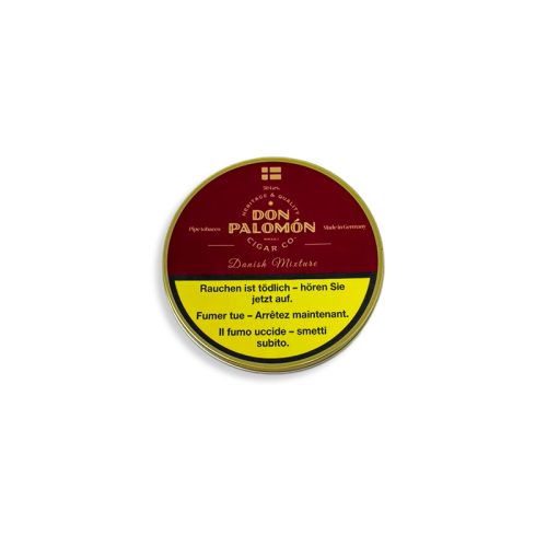 Round tin of Don Palomón Danish Mixture tobacco with a yellow multilingual health warning on a white background.