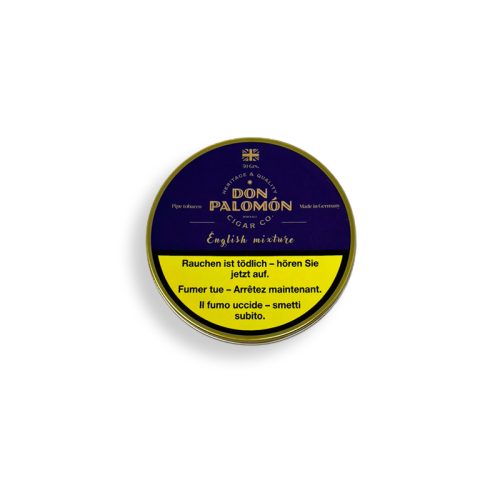 Round tin of Don Palomon English mixture pipe tobacco with a dark blue lid and a yellow health-warning label on the front surface.