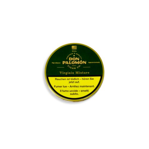Round tin lid of Don Palomón Virginia Mixture pipe tobacco with a German warning label.