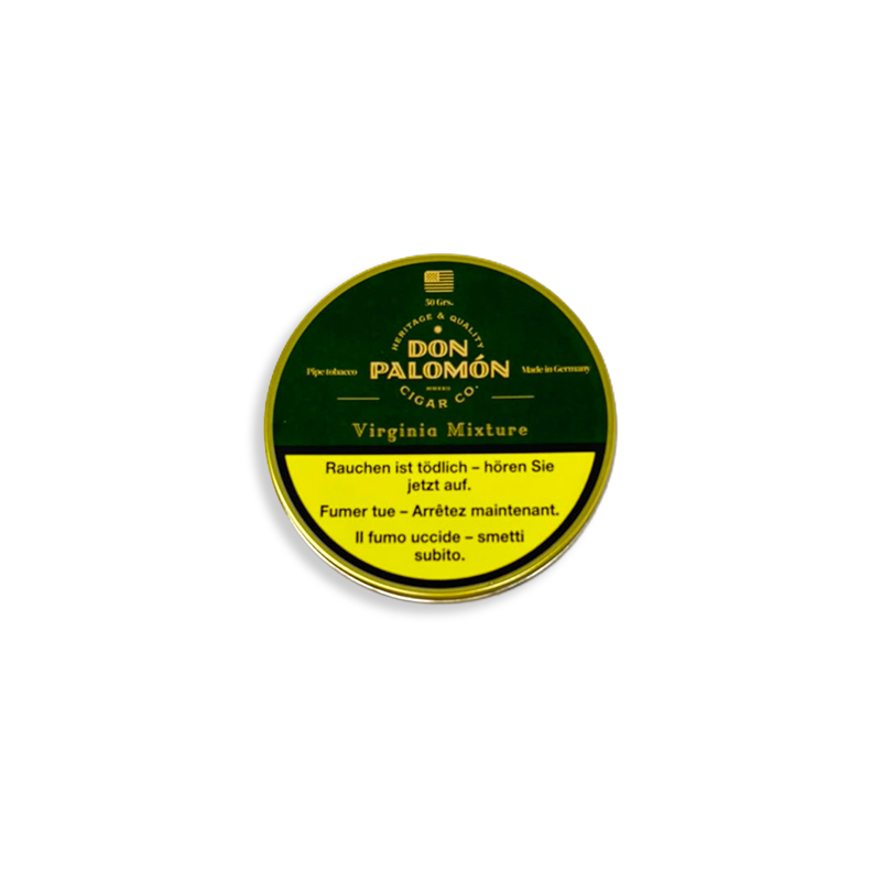 Round tin lid of Don Palomón Virginia Mixture pipe tobacco with a German warning label.
